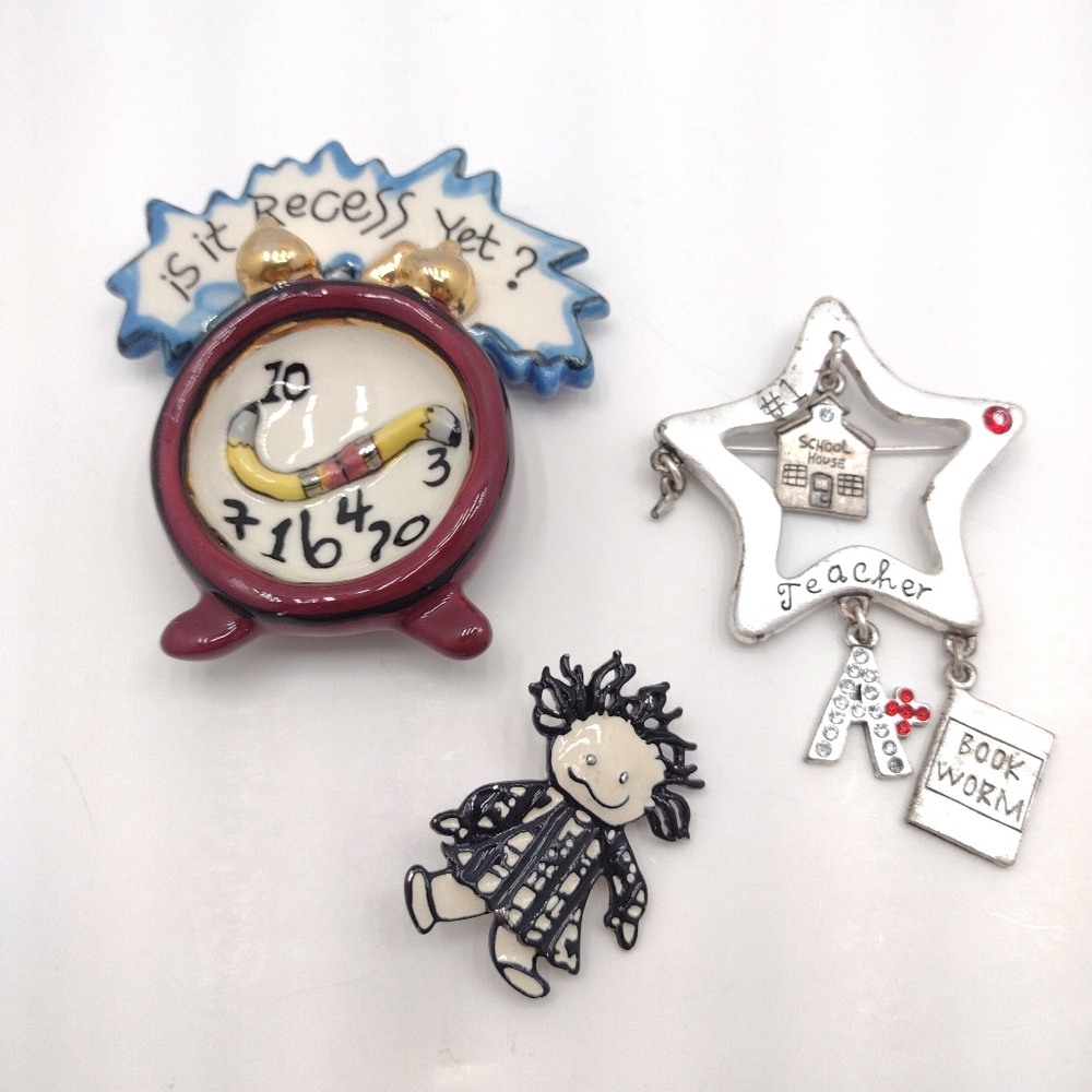 3 Piece Teacher Themed Brooch Pins Lot